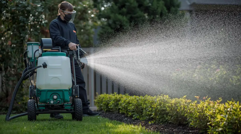 In the act of spraying, inspecting, or holding pest control equipment